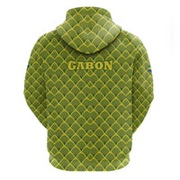 Gabon Tribal Pattern Zip Hoodie with National Flag Colors and Bold Text Design