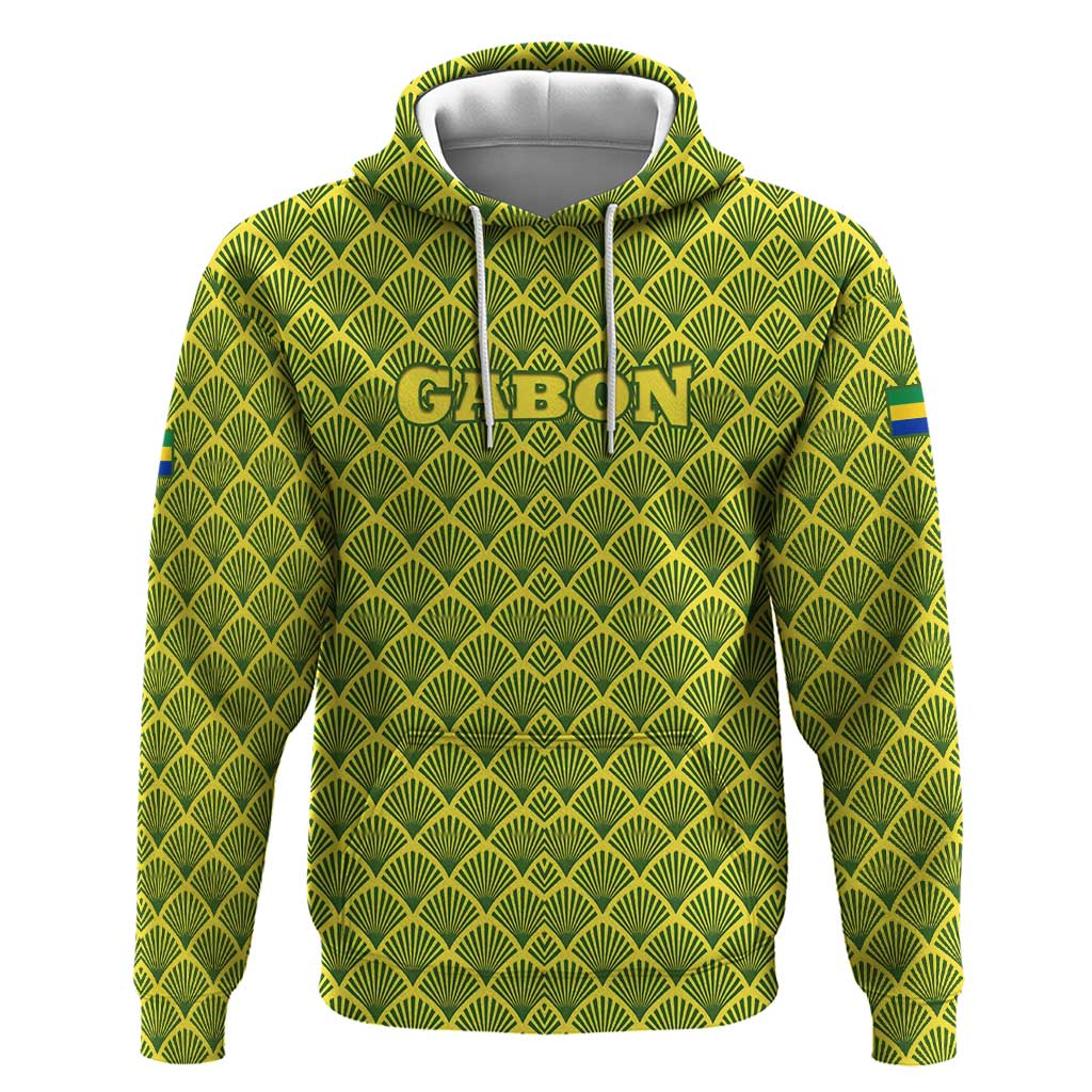 Gabon Tribal Pattern Zip Hoodie with National Flag Colors and Bold Text Design