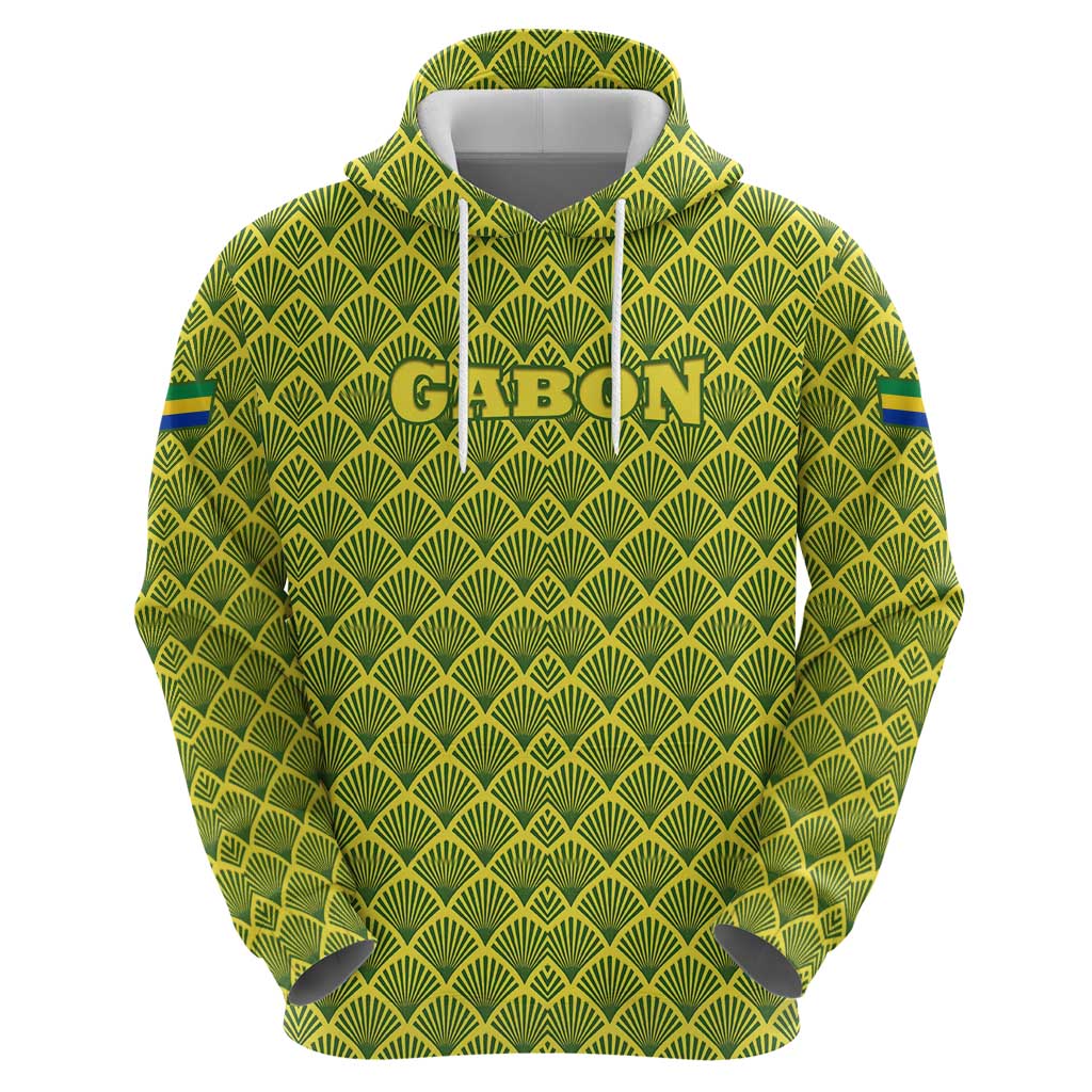 Gabon Tribal Pattern Zip Hoodie with National Flag Colors and Bold Text Design