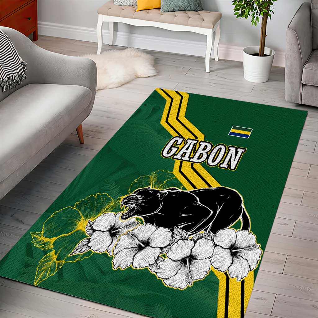 Gabon Area Rug with Black Panther Graphic and Hibiscus Flower Design in National Colors