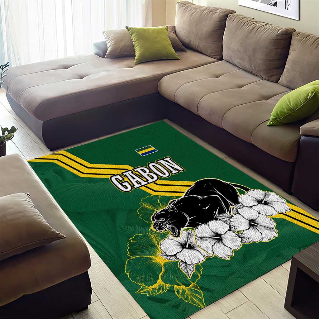 Gabon Area Rug with Black Panther Graphic and Hibiscus Flower Design in National Colors