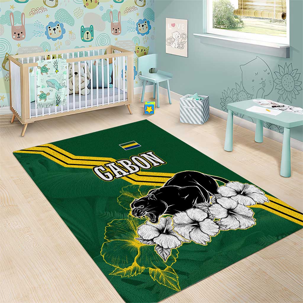 Gabon Area Rug with Black Panther Graphic and Hibiscus Flower Design in National Colors