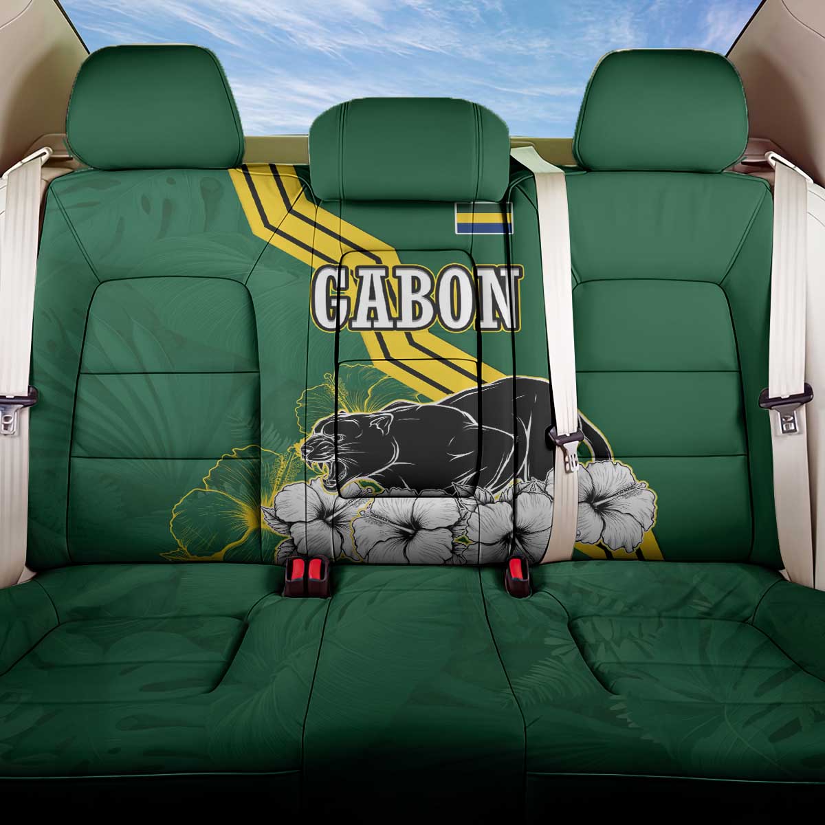 Gabon Back Car Seat Cover with Black Panther Graphic and Hibiscus Flower Design in National Colors