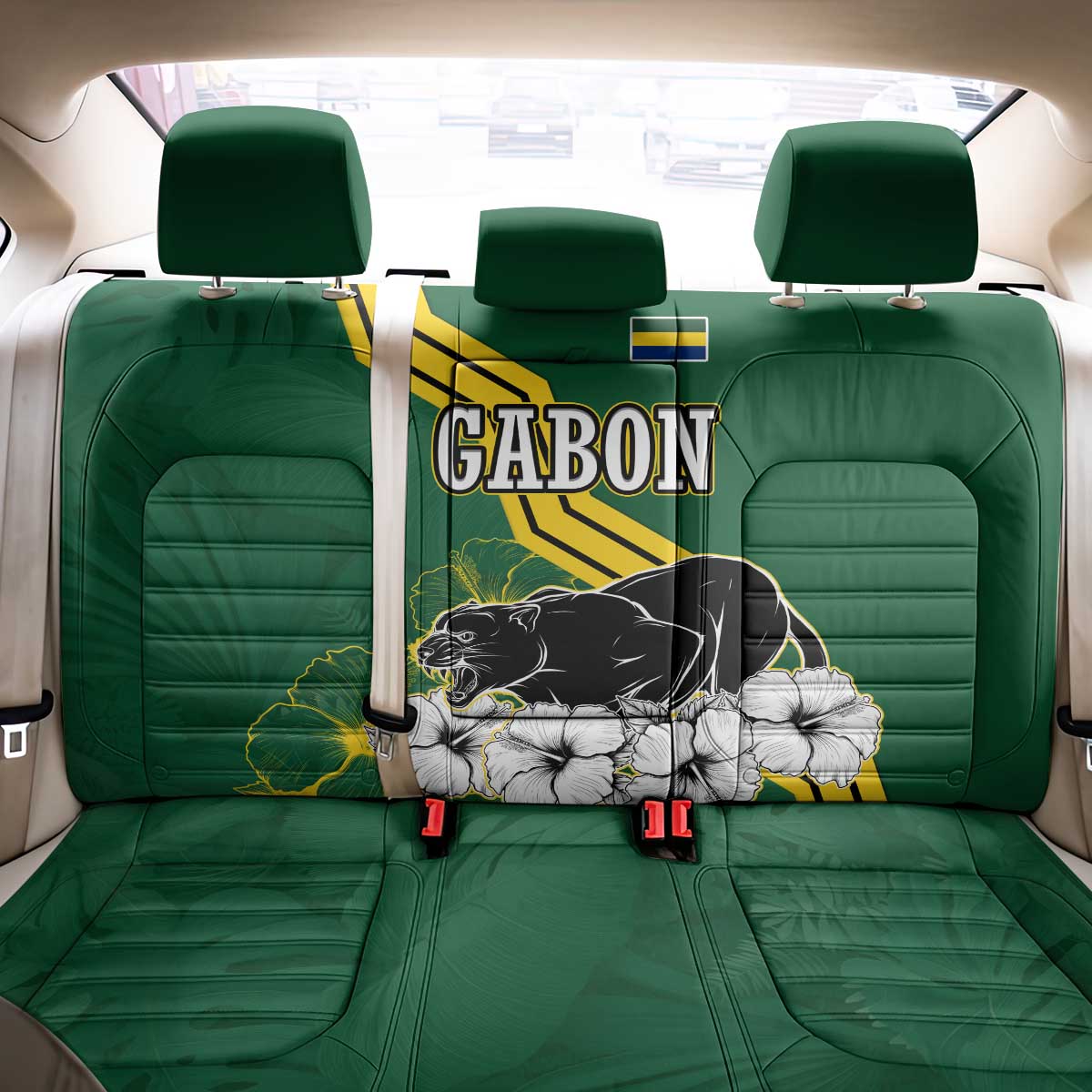 Gabon Back Car Seat Cover with Black Panther Graphic and Hibiscus Flower Design in National Colors