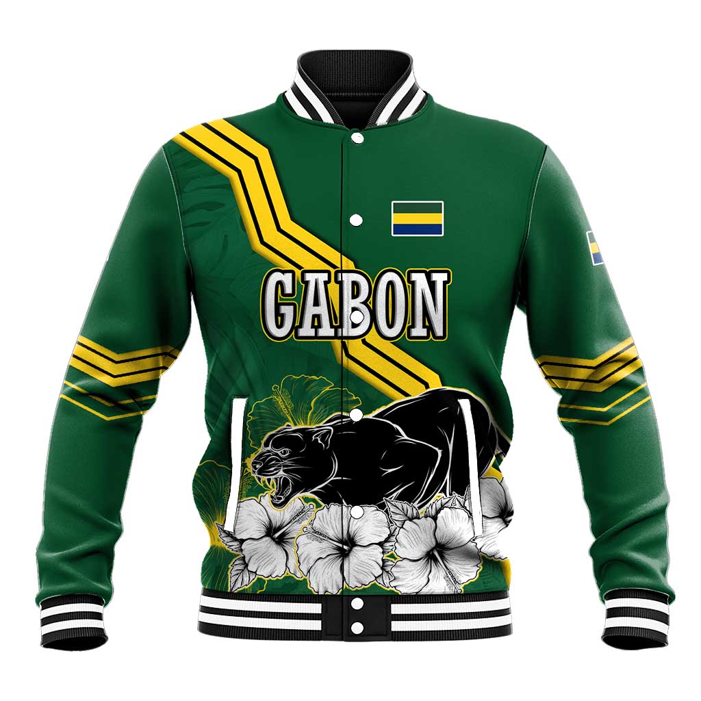Gabon Baseball Jacket with Black Panther Graphic and Hibiscus Flower Design in National Colors