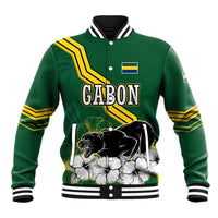 Gabon Baseball Jacket with Black Panther Graphic and Hibiscus Flower Design in National Colors