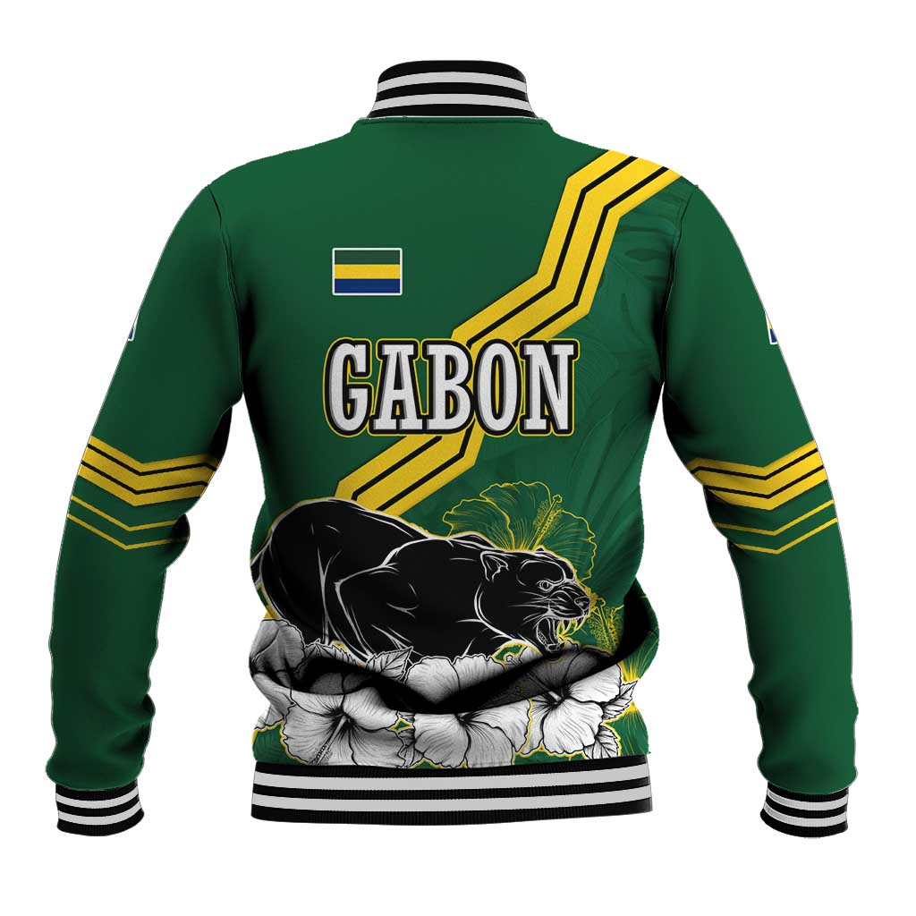 Gabon Baseball Jacket with Black Panther Graphic and Hibiscus Flower Design in National Colors