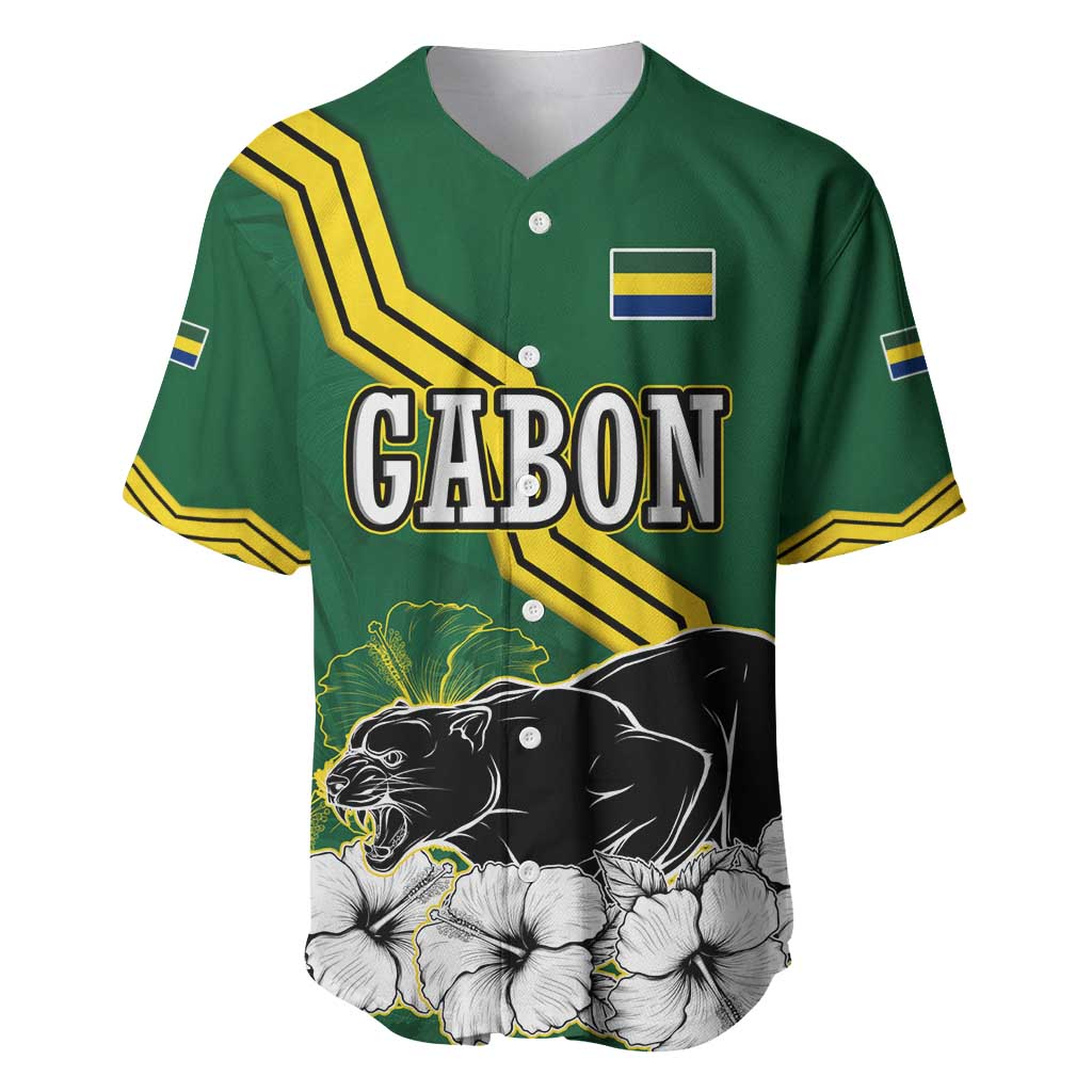 Gabon Baseball Jersey with Black Panther Graphic and Hibiscus Flower Design in National Colors