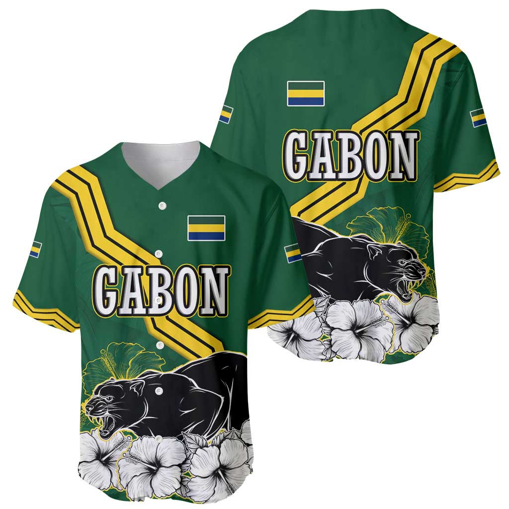Gabon Baseball Jersey with Black Panther Graphic and Hibiscus Flower Design in National Colors