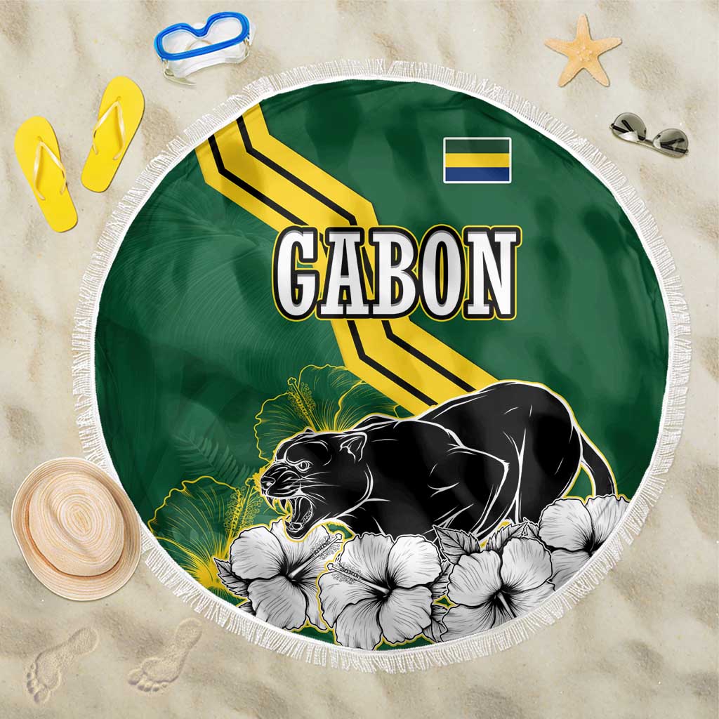 Gabon Beach Blanket with Black Panther Graphic and Hibiscus Flower Design in National Colors