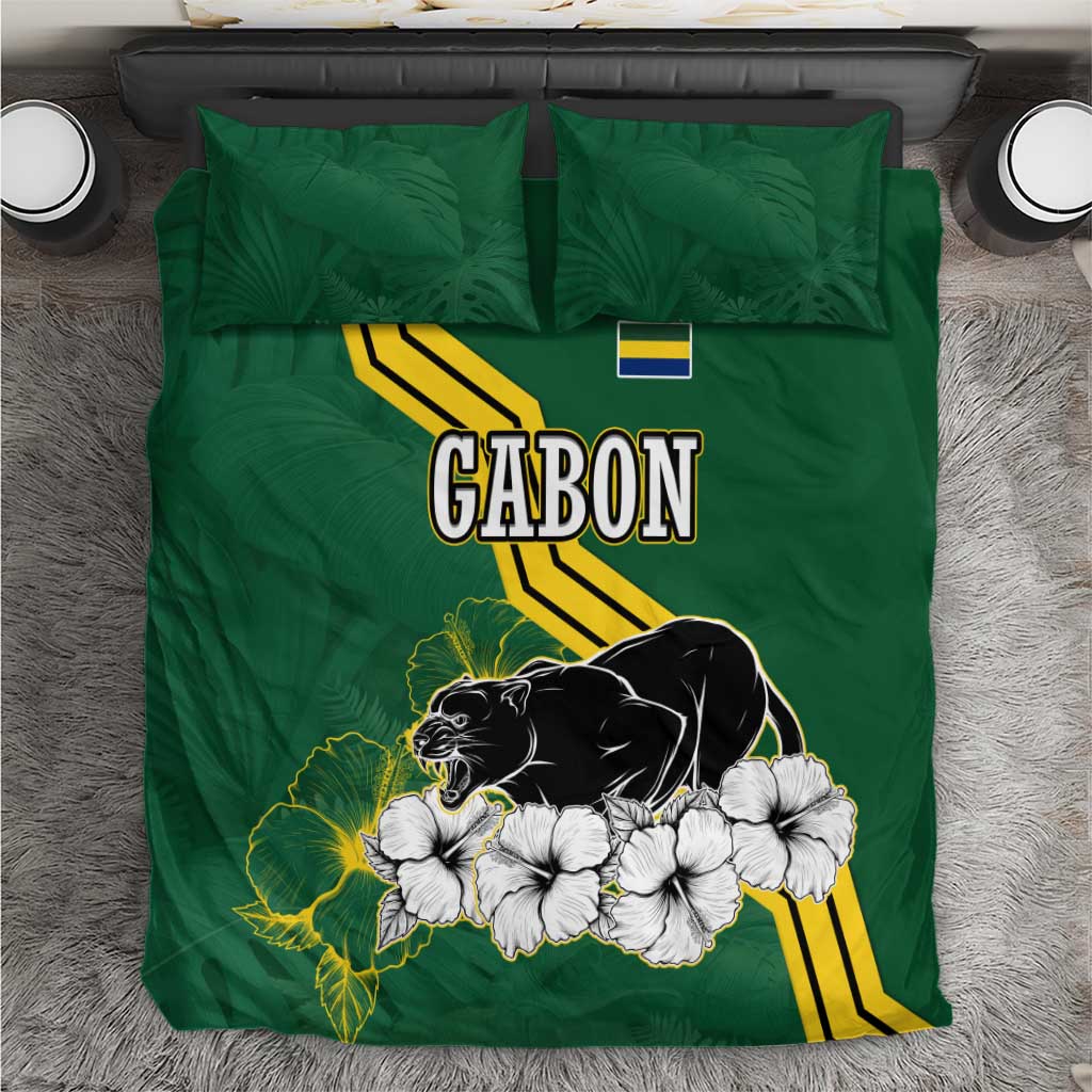 Gabon Bedding Set with Black Panther Graphic and Hibiscus Flower Design in National Colors