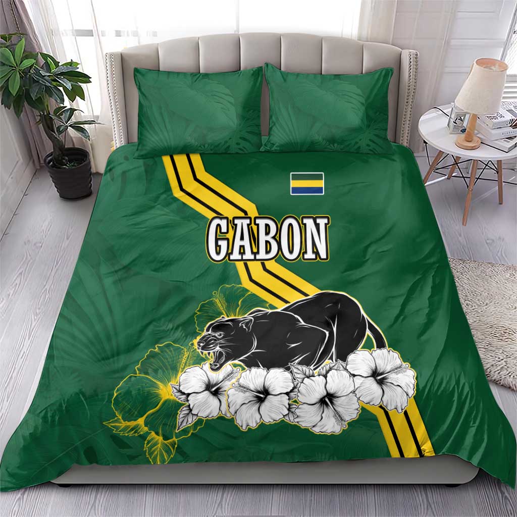 Gabon Bedding Set with Black Panther Graphic and Hibiscus Flower Design in National Colors