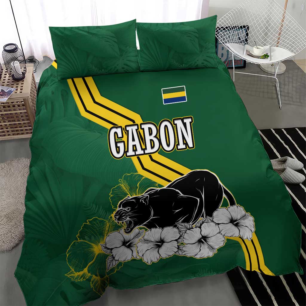 Gabon Bedding Set with Black Panther Graphic and Hibiscus Flower Design in National Colors