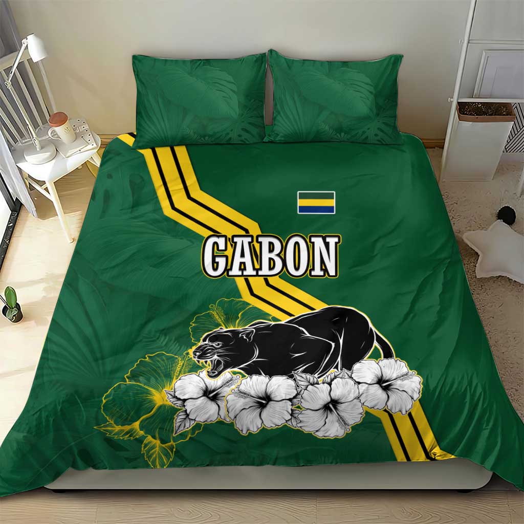 Gabon Bedding Set with Black Panther Graphic and Hibiscus Flower Design in National Colors