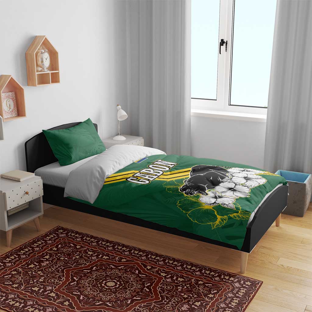 Gabon Bedding Set with Black Panther Graphic and Hibiscus Flower Design in National Colors