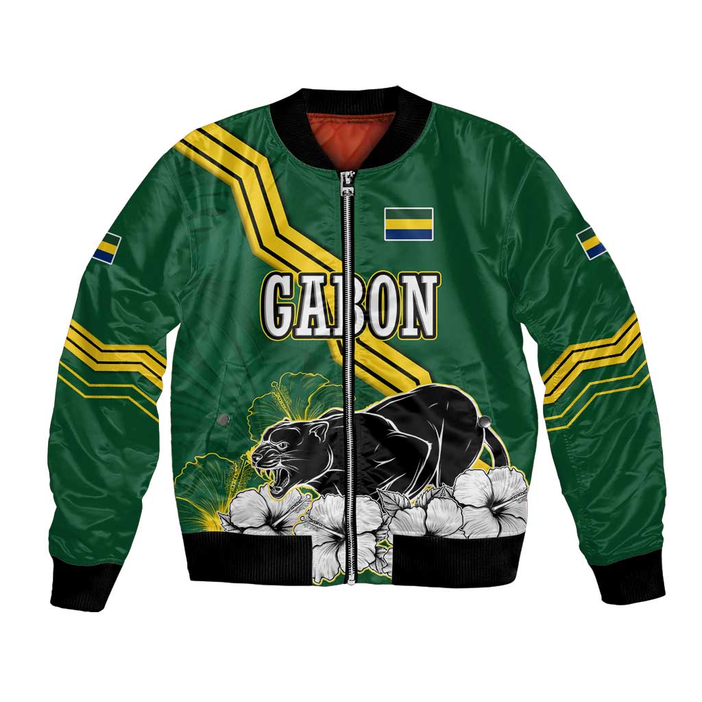 Gabon Bomber Jacket with Black Panther Graphic and Hibiscus Flower Design in National Colors