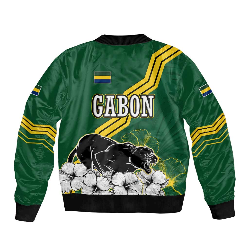 Gabon Bomber Jacket with Black Panther Graphic and Hibiscus Flower Design in National Colors