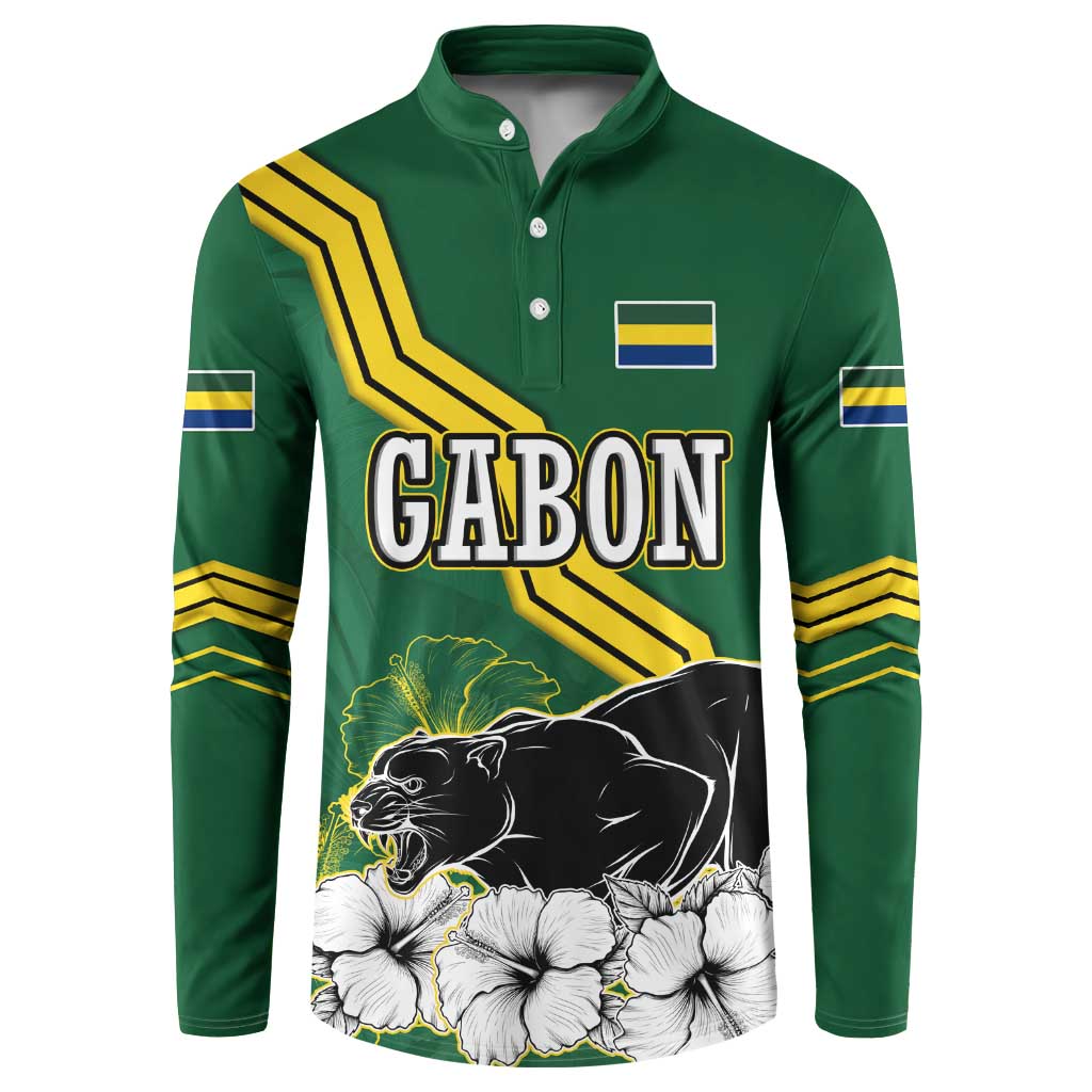 Gabon Button Sweatshirt with Black Panther Graphic and Hibiscus Flower Design in National Colors