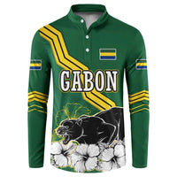 Gabon Button Sweatshirt with Black Panther Graphic and Hibiscus Flower Design in National Colors