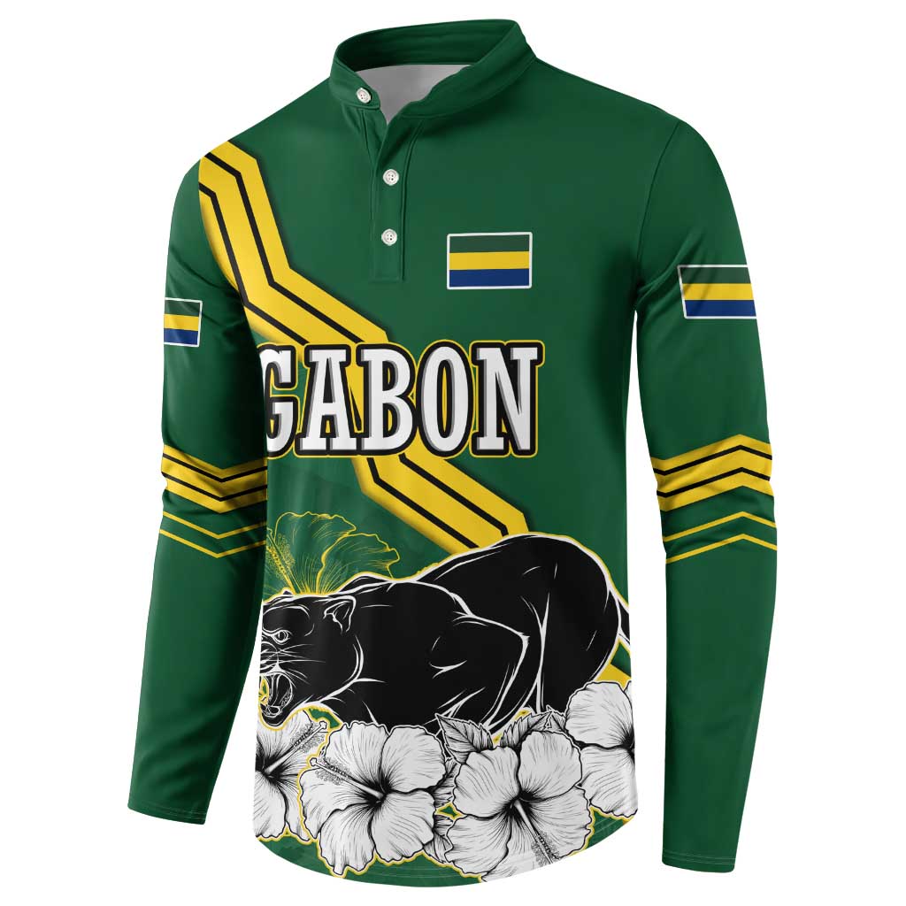 Gabon Button Sweatshirt with Black Panther Graphic and Hibiscus Flower Design in National Colors