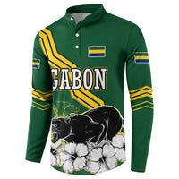 Gabon Button Sweatshirt with Black Panther Graphic and Hibiscus Flower Design in National Colors