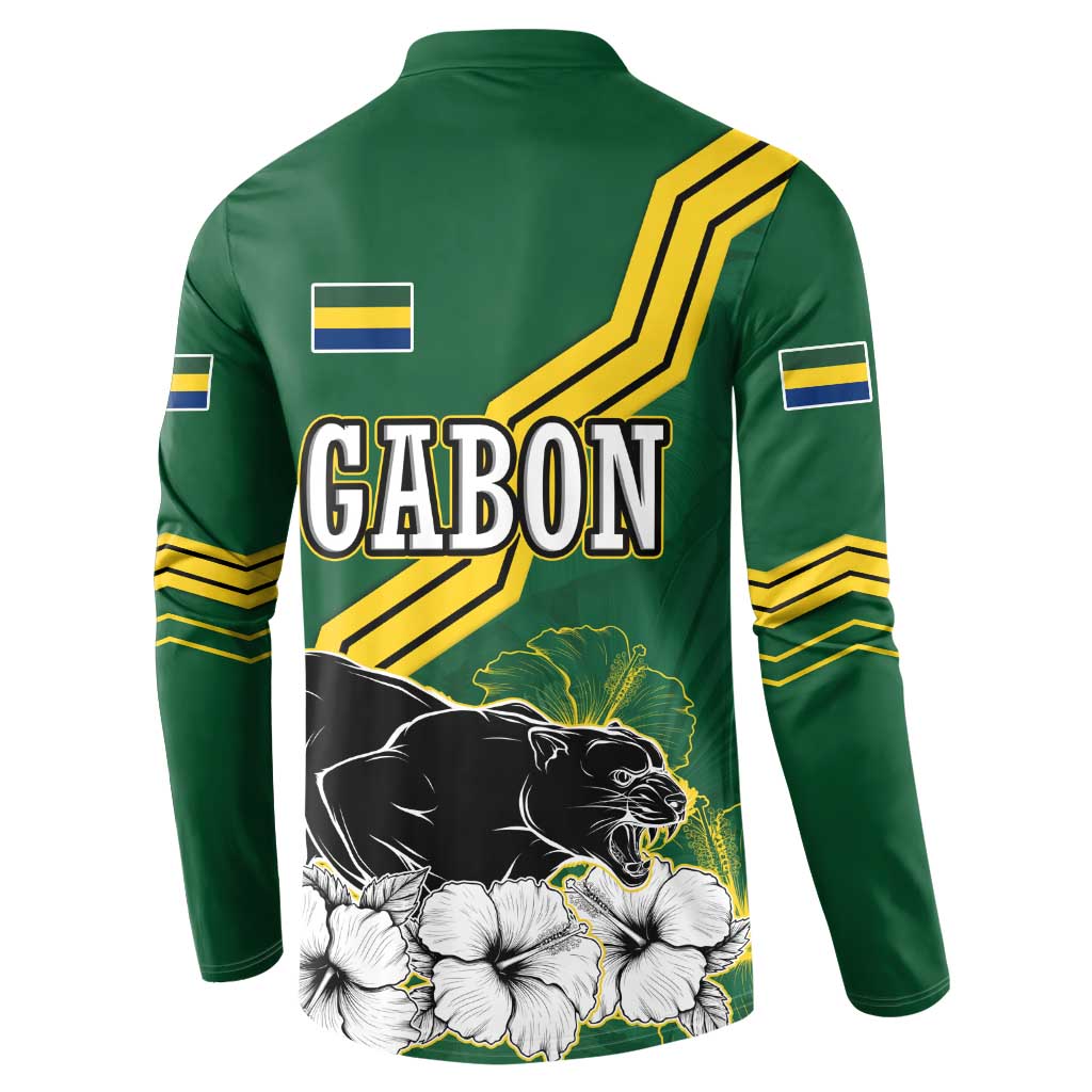 Gabon Button Sweatshirt with Black Panther Graphic and Hibiscus Flower Design in National Colors