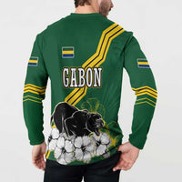 Gabon Button Sweatshirt with Black Panther Graphic and Hibiscus Flower Design in National Colors