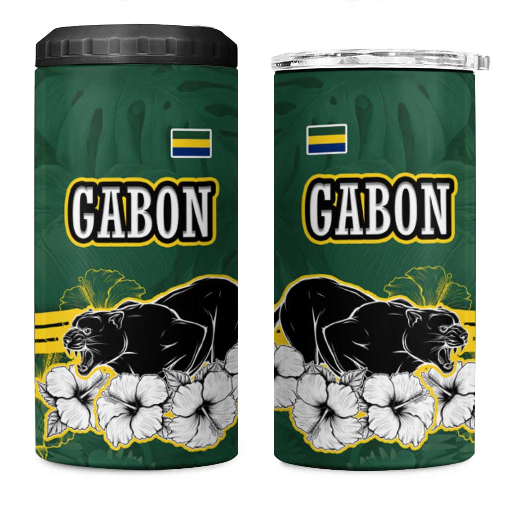 Gabon 4 in 1 Can Cooler Tumbler with Black Panther Graphic and Hibiscus Flower Design in National Colors