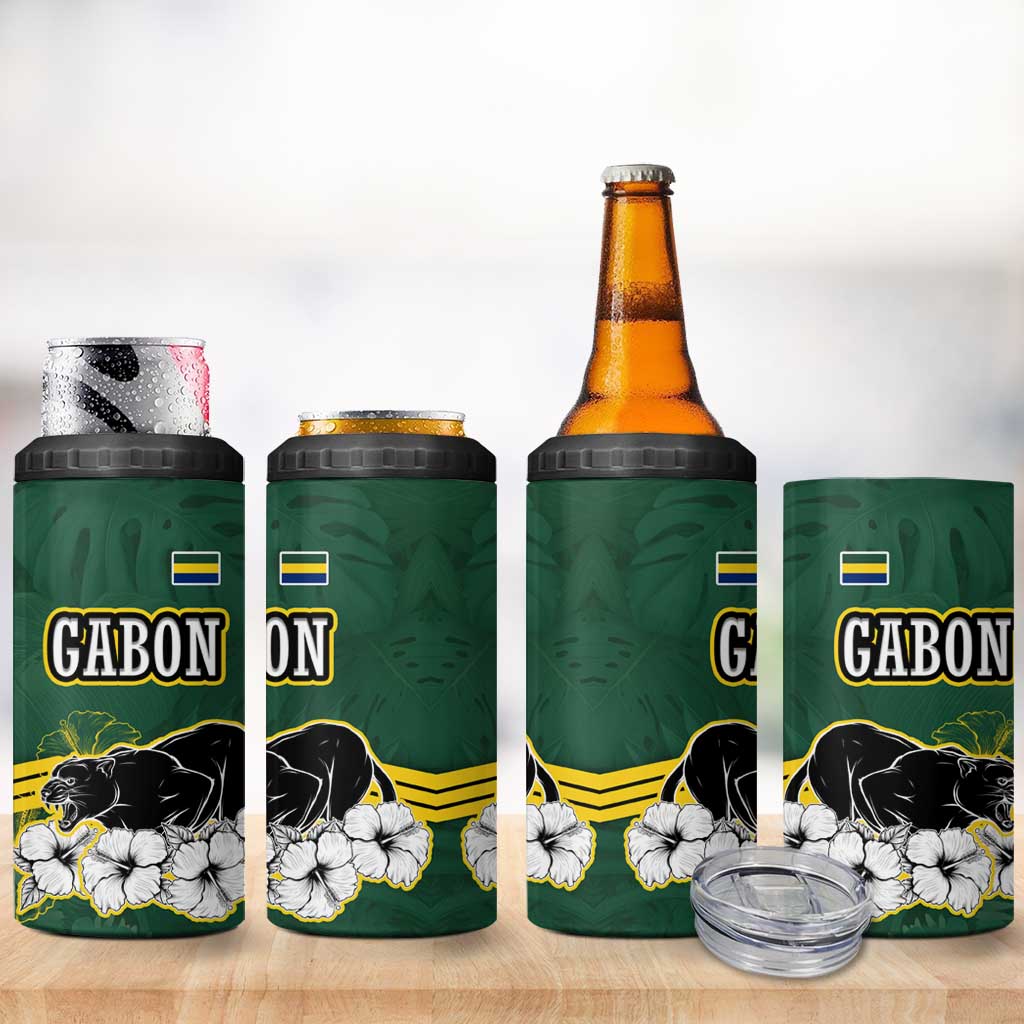 Gabon 4 in 1 Can Cooler Tumbler with Black Panther Graphic and Hibiscus Flower Design in National Colors