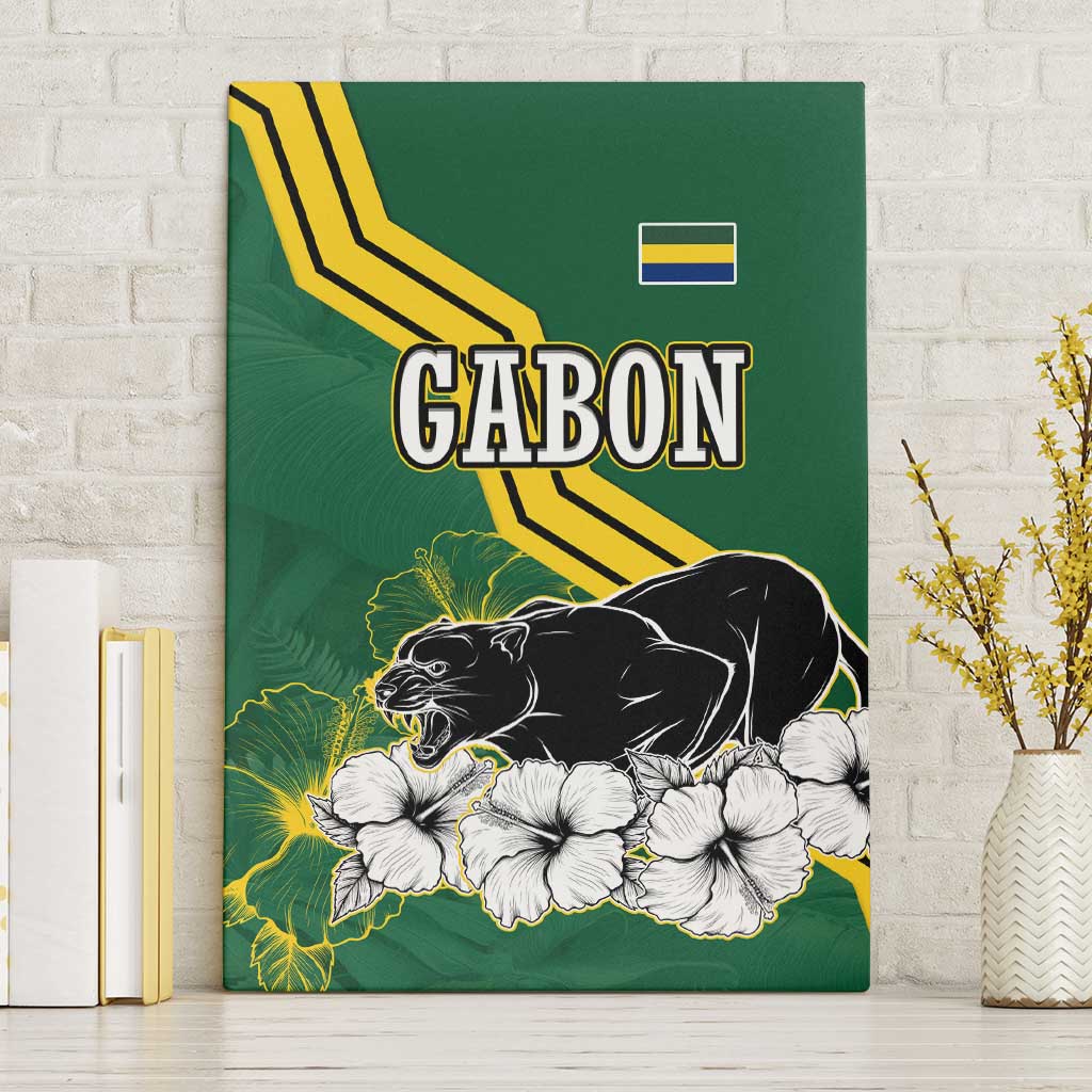 Gabon Canvas Wall Art with Black Panther Graphic and Hibiscus Flower Design in National Colors