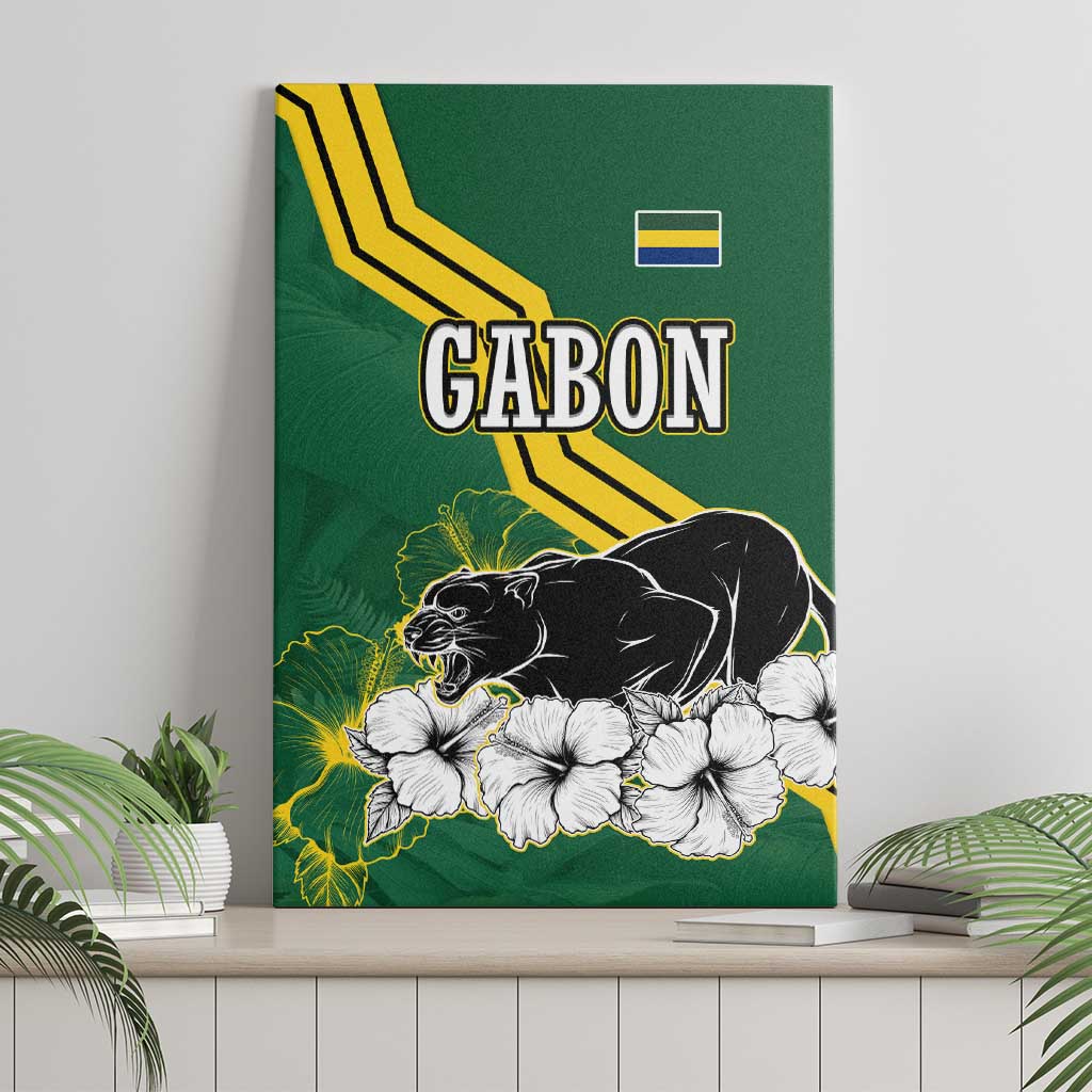 Gabon Canvas Wall Art with Black Panther Graphic and Hibiscus Flower Design in National Colors