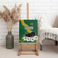 Gabon Canvas Wall Art with Black Panther Graphic and Hibiscus Flower Design in National Colors