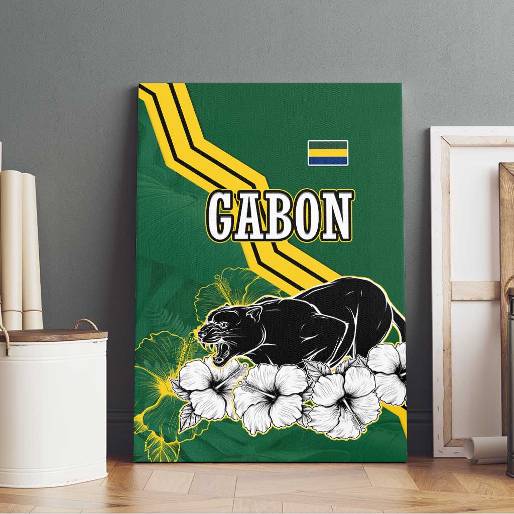 Gabon Canvas Wall Art with Black Panther Graphic and Hibiscus Flower Design in National Colors