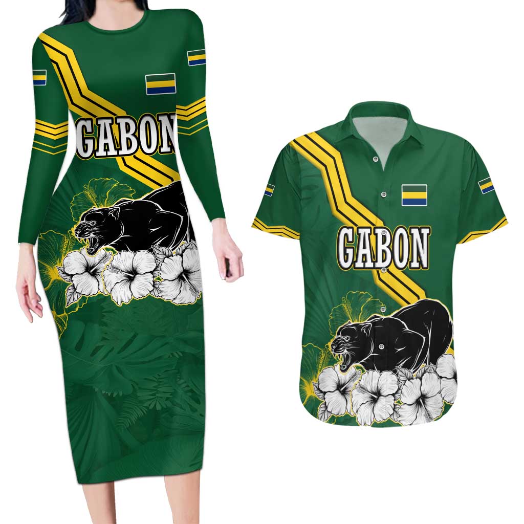 Gabon Couples Matching Long Sleeve Bodycon Dress and Hawaiian Shirt with Black Panther Graphic and Hibiscus Flower Design in National Colors