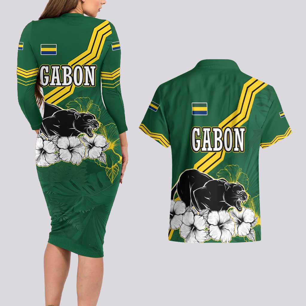 Gabon Couples Matching Long Sleeve Bodycon Dress and Hawaiian Shirt with Black Panther Graphic and Hibiscus Flower Design in National Colors
