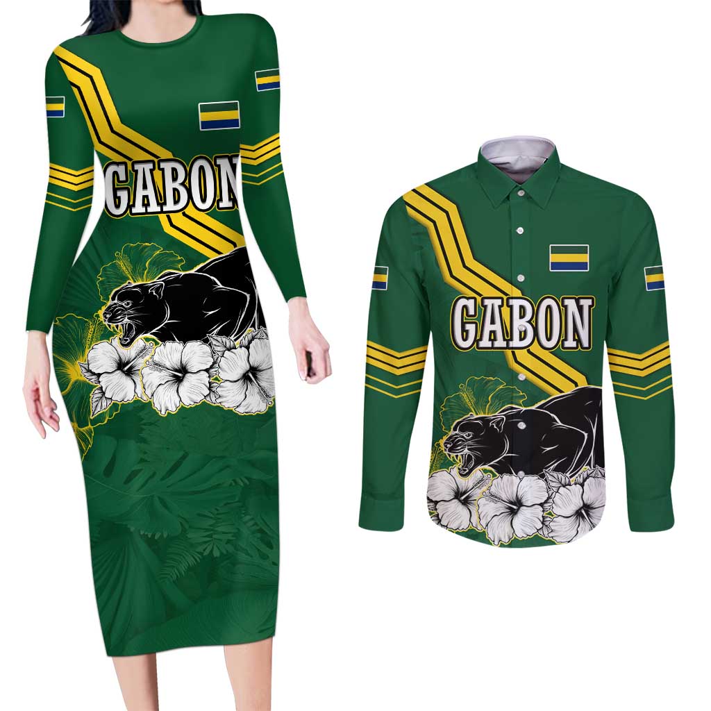 Gabon Couples Matching Long Sleeve Bodycon Dress and Long Sleeve Button Shirt with Black Panther Graphic and Hibiscus Flower Design in National Colors