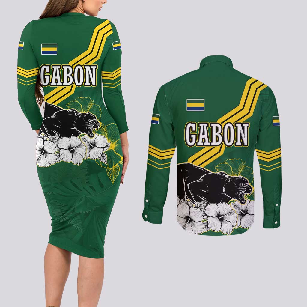 Gabon Couples Matching Long Sleeve Bodycon Dress and Long Sleeve Button Shirt with Black Panther Graphic and Hibiscus Flower Design in National Colors