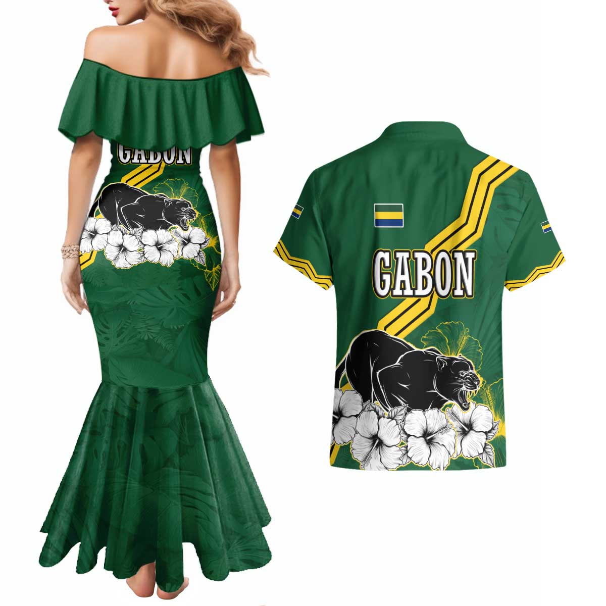 Gabon Couples Matching Mermaid Dress and Hawaiian Shirt with Black Panther Graphic and Hibiscus Flower Design in National Colors
