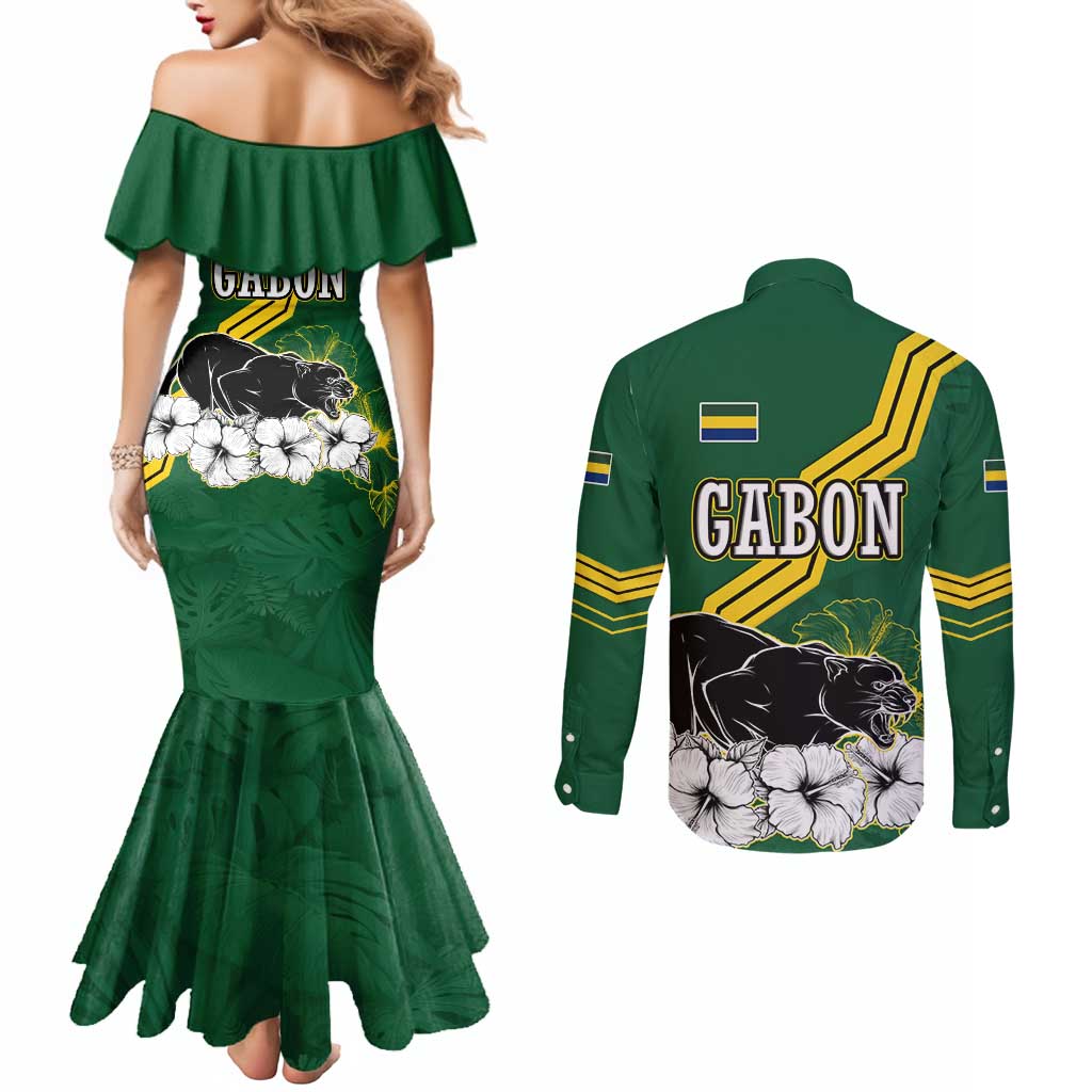 Gabon Couples Matching Mermaid Dress and Long Sleeve Button Shirt with Black Panther Graphic and Hibiscus Flower Design in National Colors