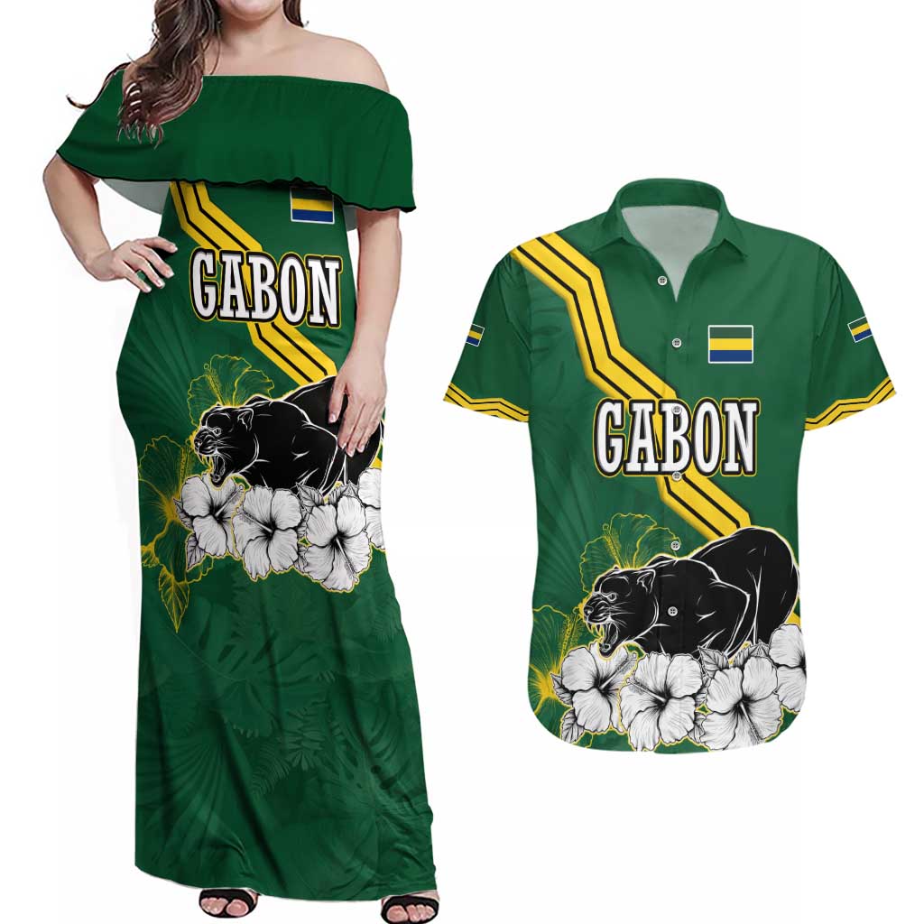 Gabon Couples Matching Off Shoulder Maxi Dress and Hawaiian Shirt with Black Panther Graphic and Hibiscus Flower Design in National Colors