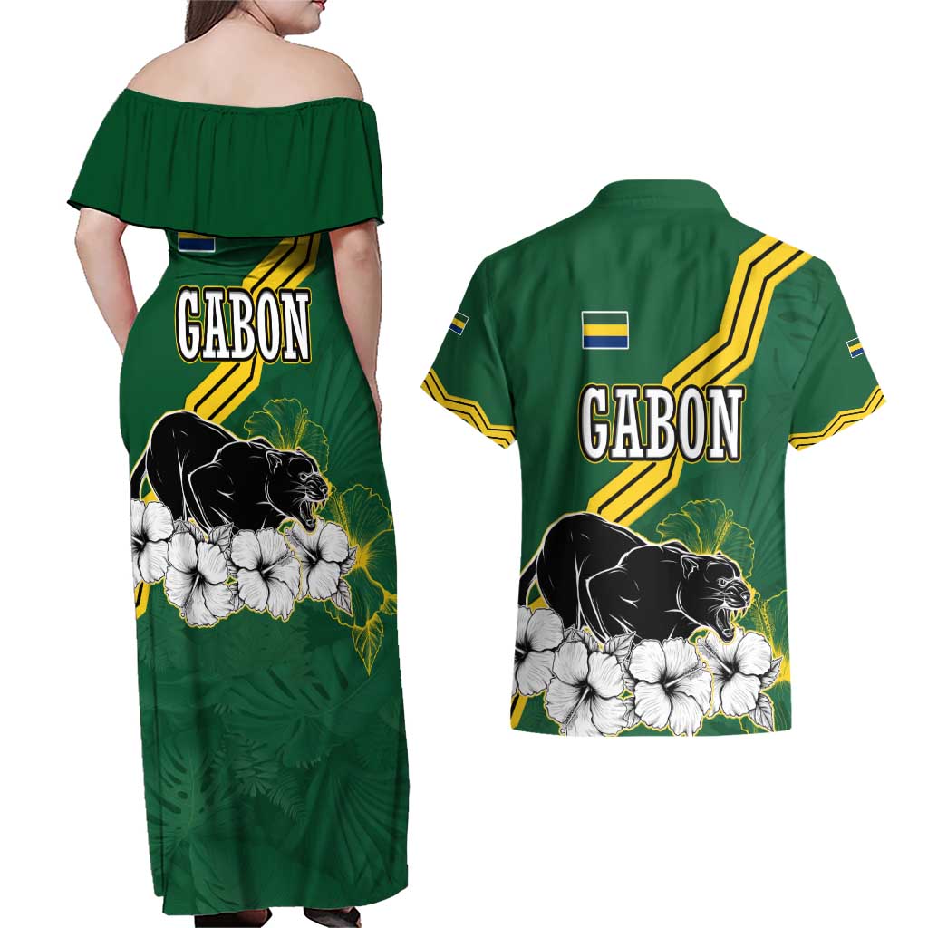 Gabon Couples Matching Off Shoulder Maxi Dress and Hawaiian Shirt with Black Panther Graphic and Hibiscus Flower Design in National Colors