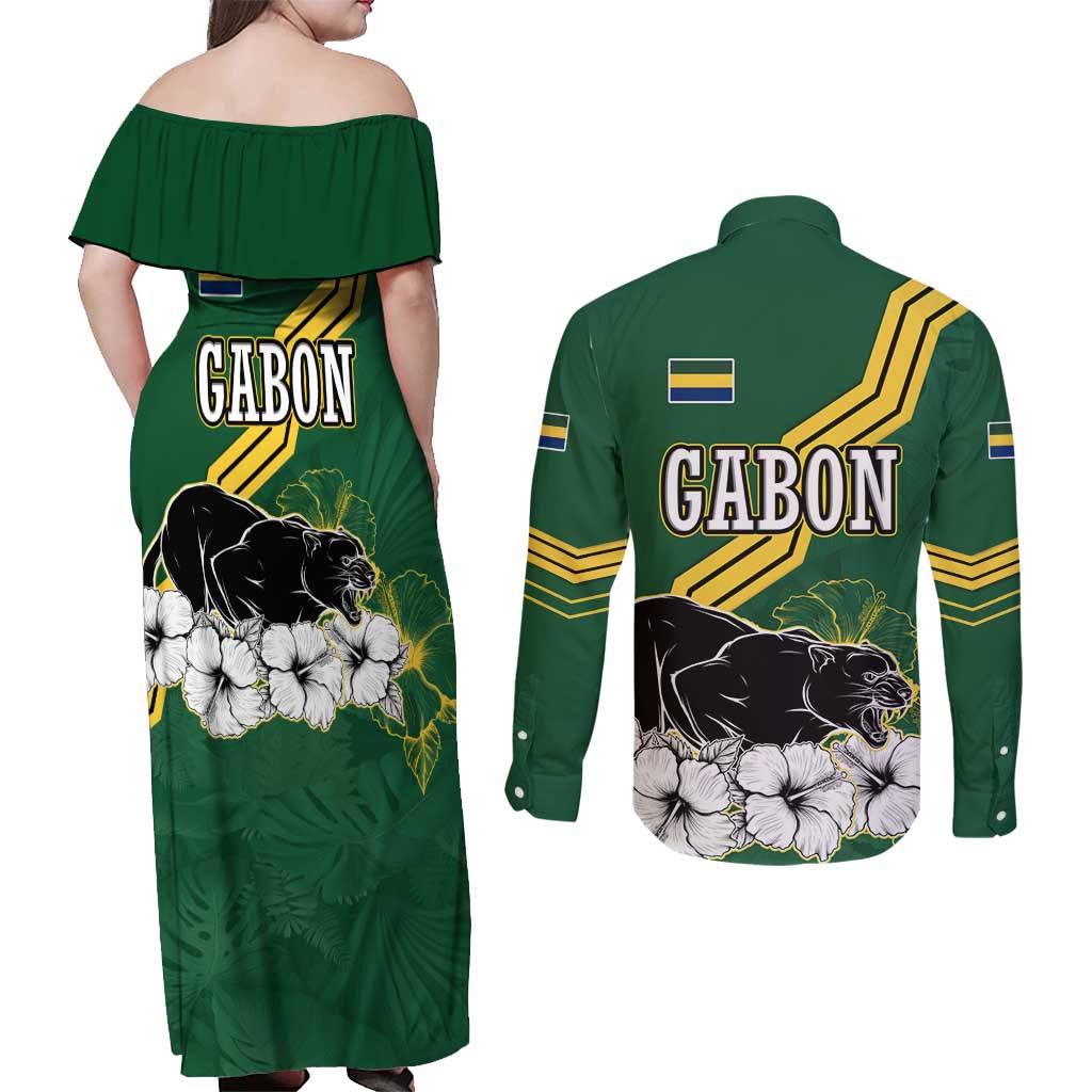 Gabon Couples Matching Off Shoulder Maxi Dress and Long Sleeve Button Shirt with Black Panther Graphic and Hibiscus Flower Design in National Colors