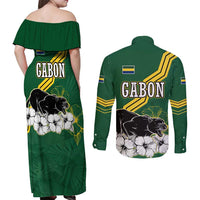 Gabon Couples Matching Off Shoulder Maxi Dress and Long Sleeve Button Shirt with Black Panther Graphic and Hibiscus Flower Design in National Colors