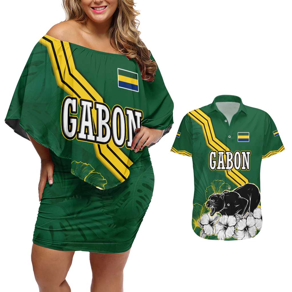 Gabon Couples Matching Off Shoulder Short Dress and Hawaiian Shirt with Black Panther Graphic and Hibiscus Flower Design in National Colors