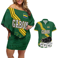 Gabon Couples Matching Off Shoulder Short Dress and Hawaiian Shirt with Black Panther Graphic and Hibiscus Flower Design in National Colors