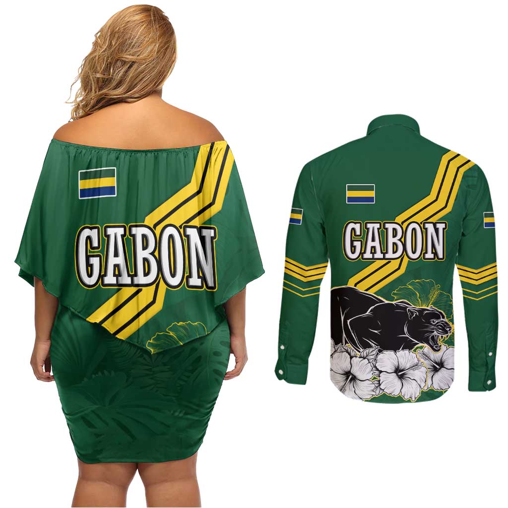 Gabon Couples Matching Off Shoulder Short Dress and Long Sleeve Button Shirt with Black Panther Graphic and Hibiscus Flower Design in National Colors