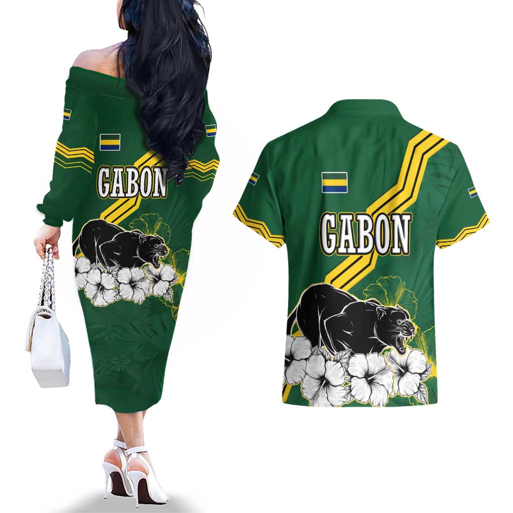 Gabon Couples Matching Off The Shoulder Long Sleeve Dress and Hawaiian Shirt with Black Panther Graphic and Hibiscus Flower Design in National Colors