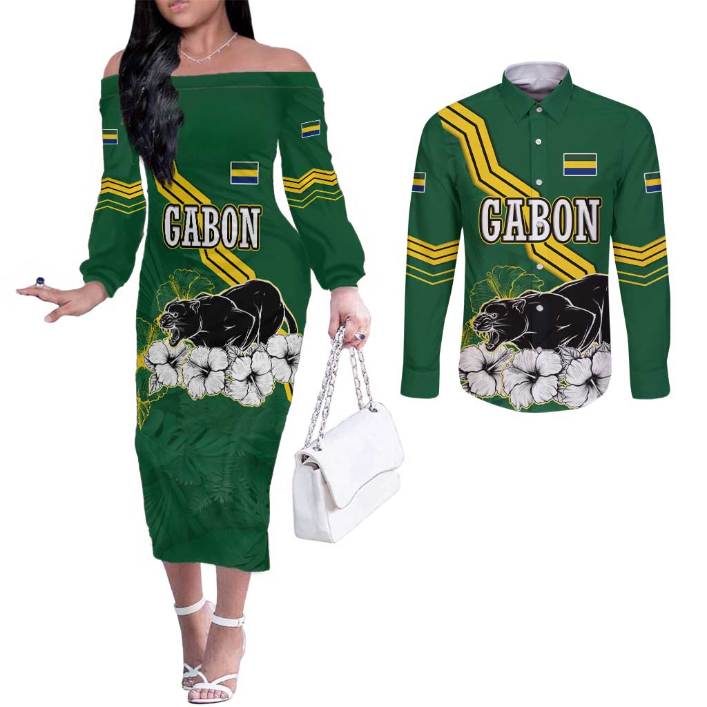 Gabon Couples Matching Off The Shoulder Long Sleeve Dress and Long Sleeve Button Shirt with Black Panther Graphic and Hibiscus Flower Design in National Colors