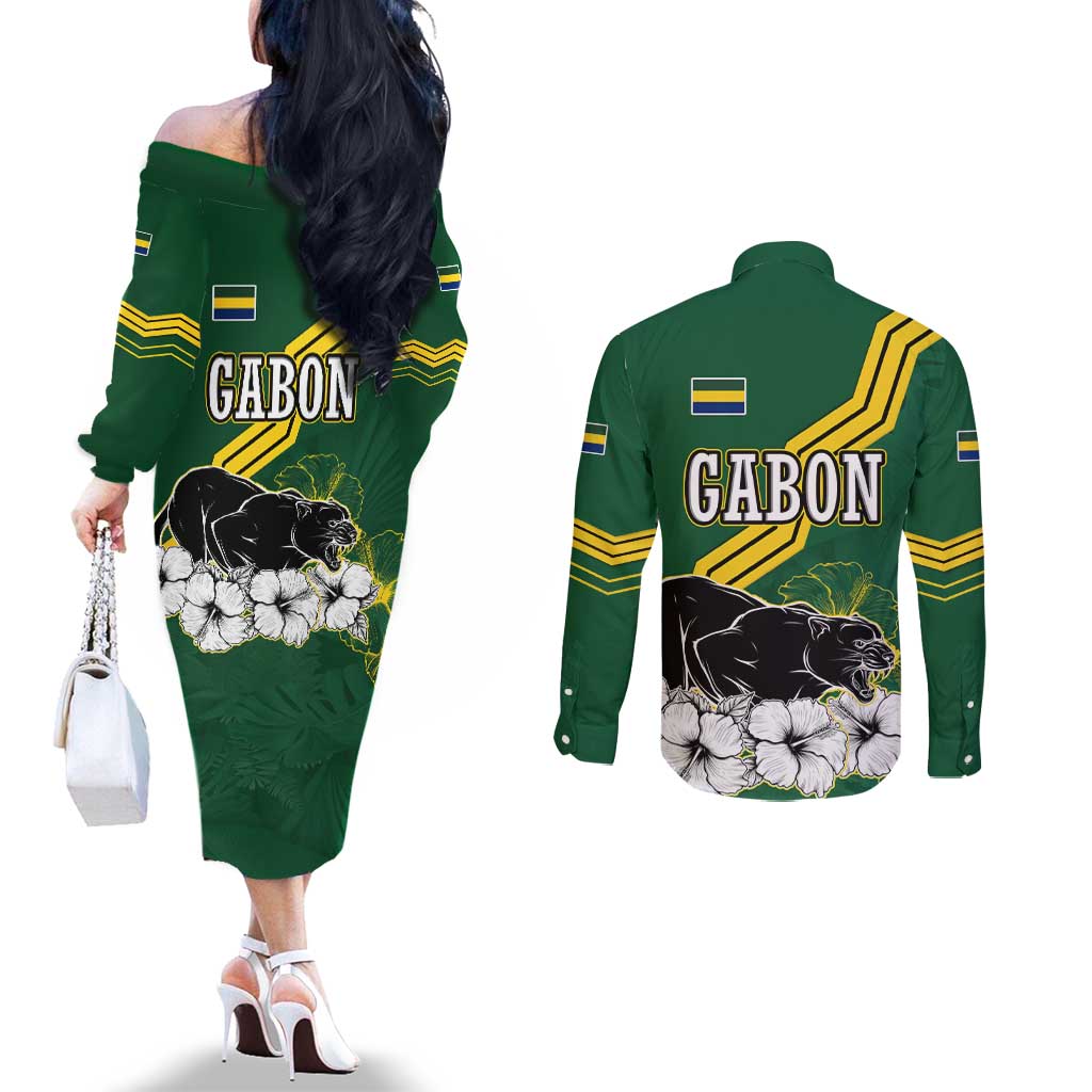 Gabon Couples Matching Off The Shoulder Long Sleeve Dress and Long Sleeve Button Shirt with Black Panther Graphic and Hibiscus Flower Design in National Colors