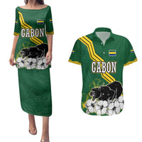 Gabon Couples Matching Puletasi and Hawaiian Shirt with Black Panther Graphic and Hibiscus Flower Design in National Colors